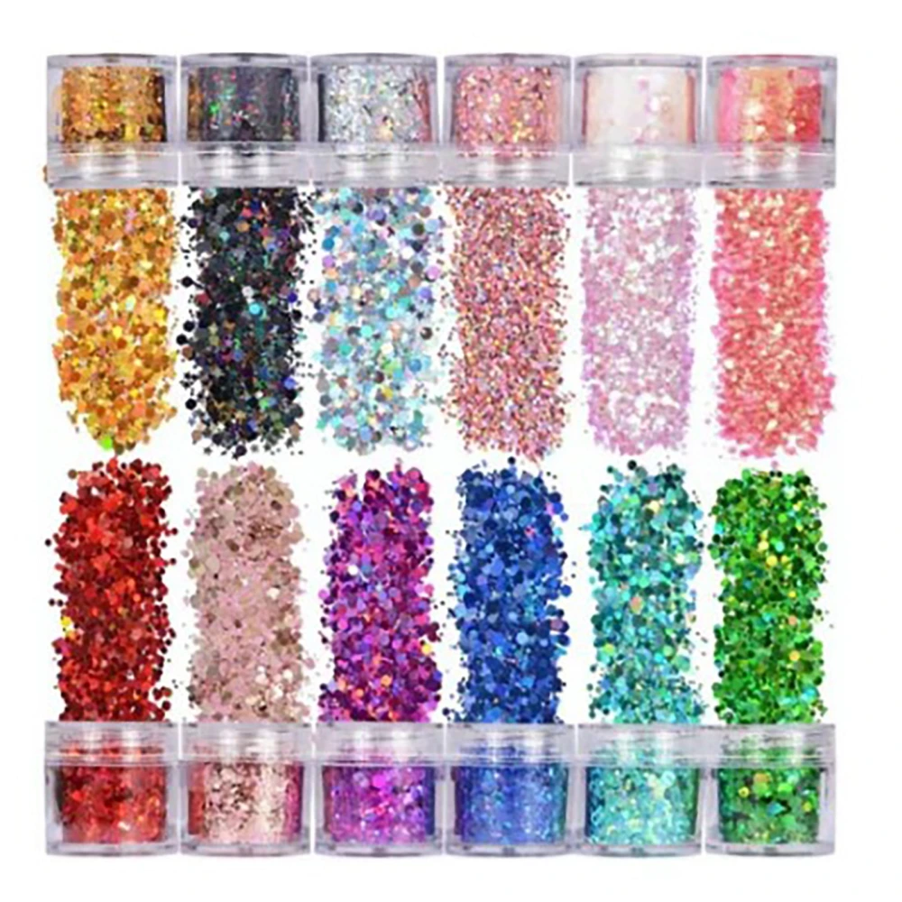 12 Colors Nail Sequins Star Hex Shape Nail Decals PET Safe Thin Glitter Flakes for Face Body Eye Hair