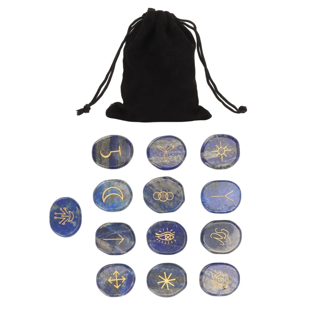 13Pcs Rune Jadestone Stones Set Witch Divination Healing Energy Aerobic Yoga Meditation Aids Lapis Lazuli