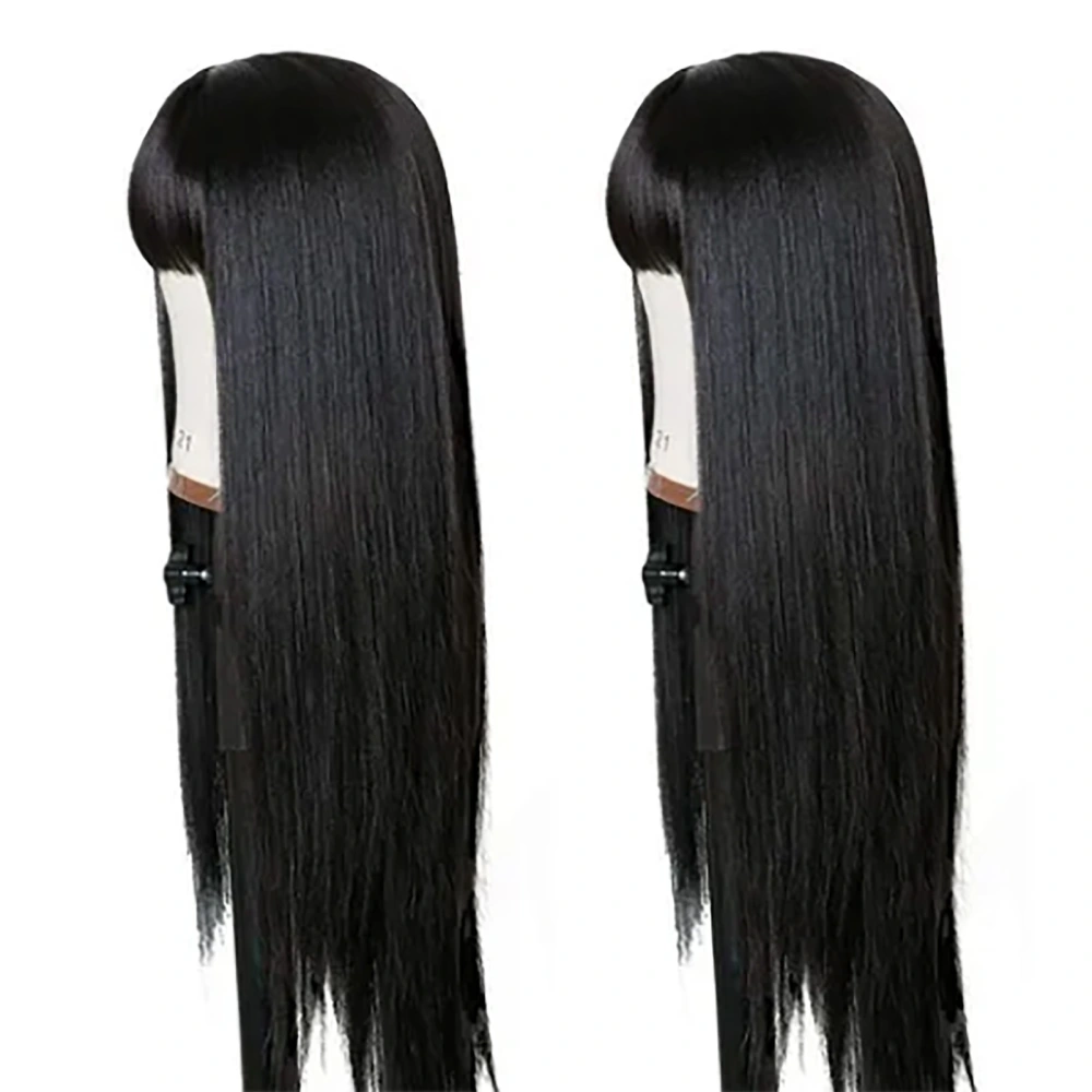 Long Straight Wig with Bangs Women Cosplay Party Fashionable Black Synthetic Wig for Dating