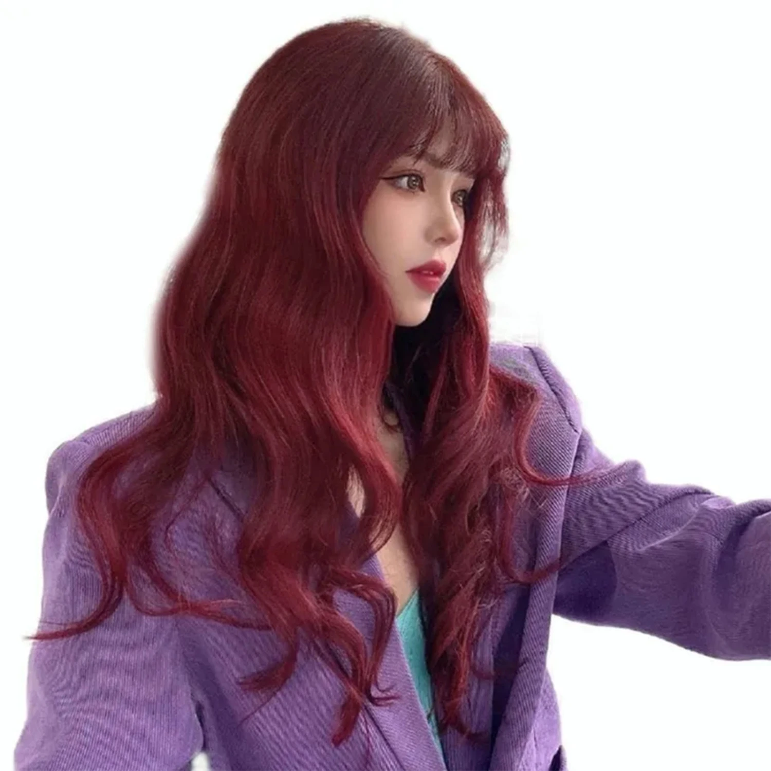 Wine Red Long Curly Wig with Air Bangs Fashionable Comfortable Breathable Long Wavy Wig for Show Party