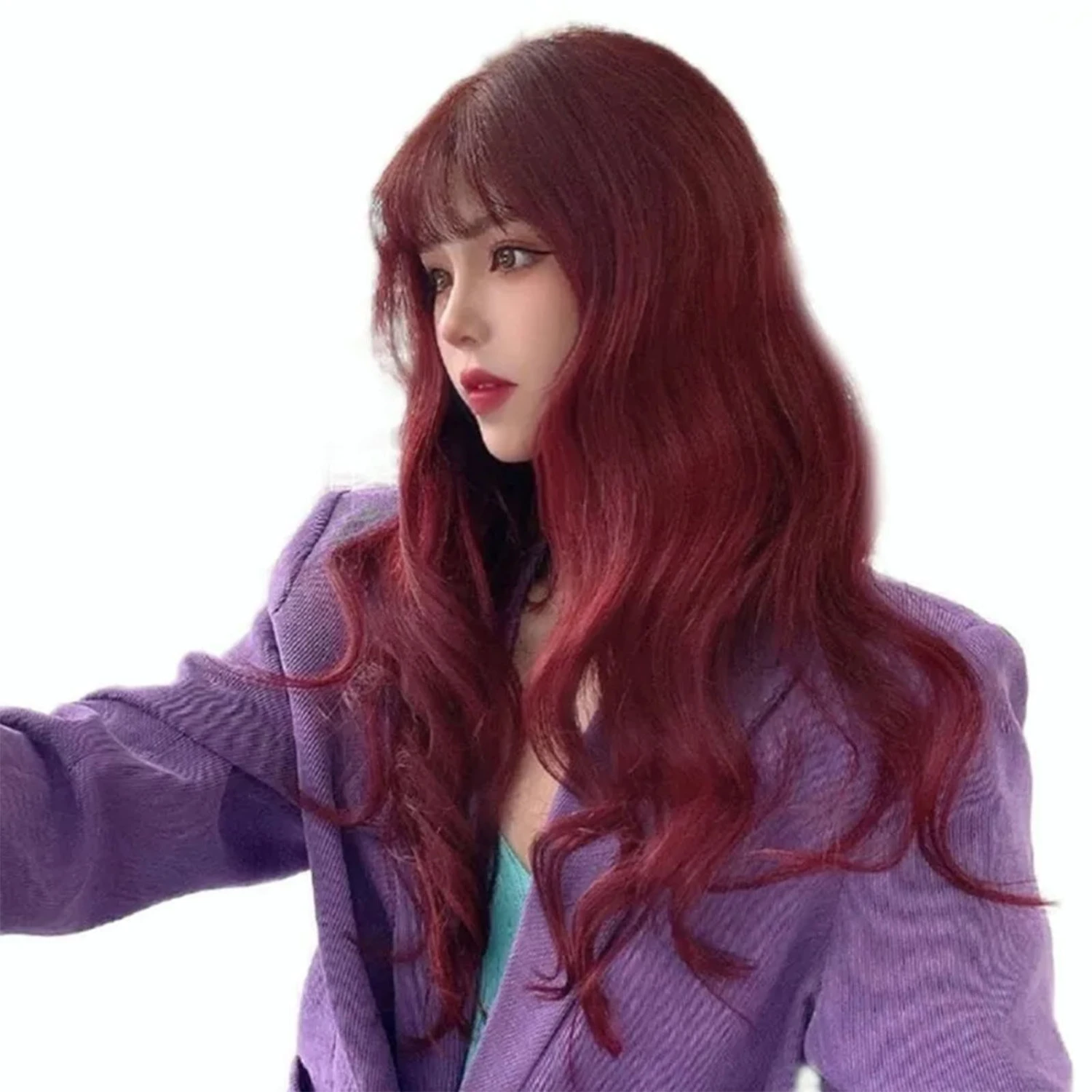 Wine Red Long Curly Wig with Air Bangs Fashionable Comfortable Breathable Long Wavy Wig for Show Party