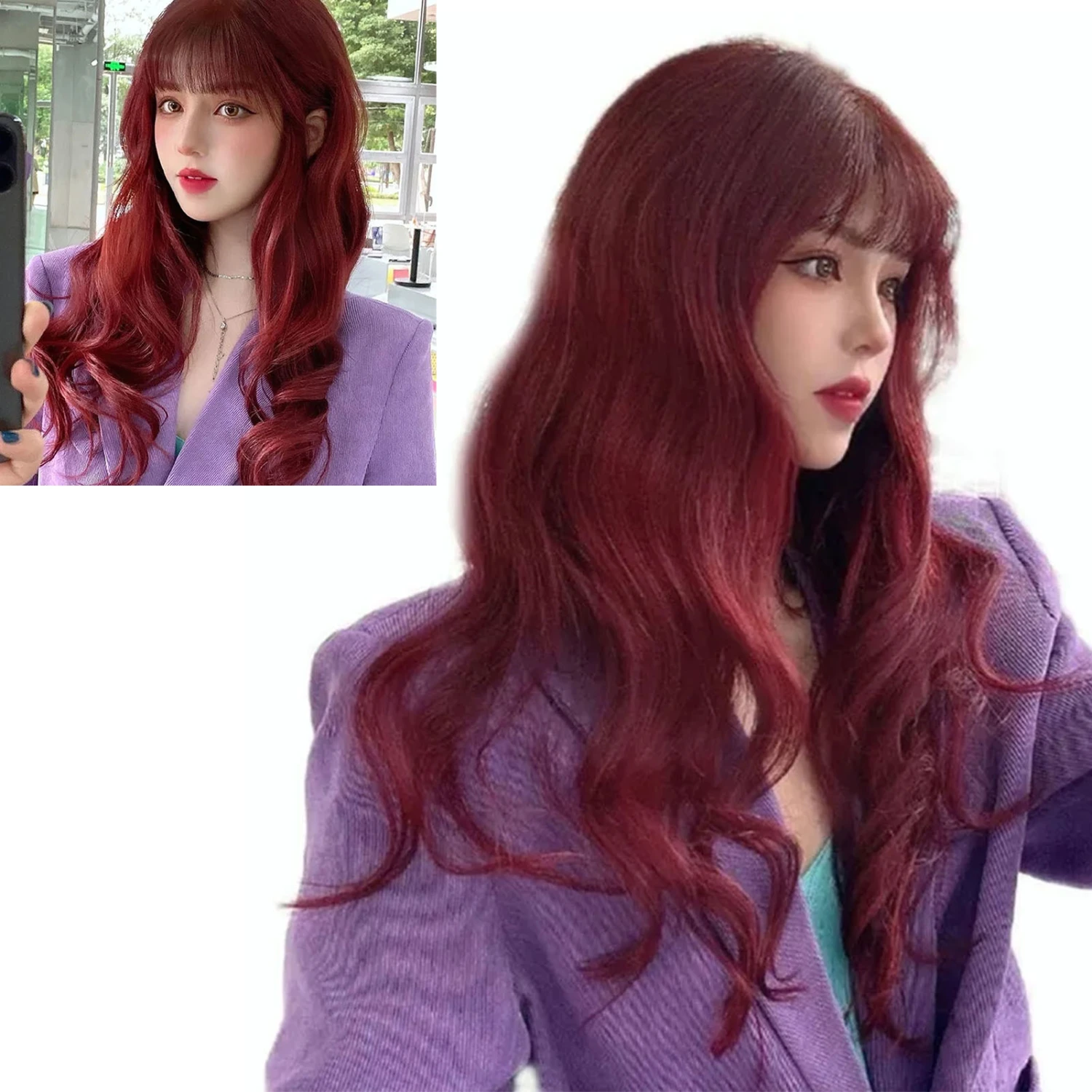 Wine Red Long Curly Wig with Air Bangs Fashionable Comfortable Breathable Long Wavy Wig for Show Party