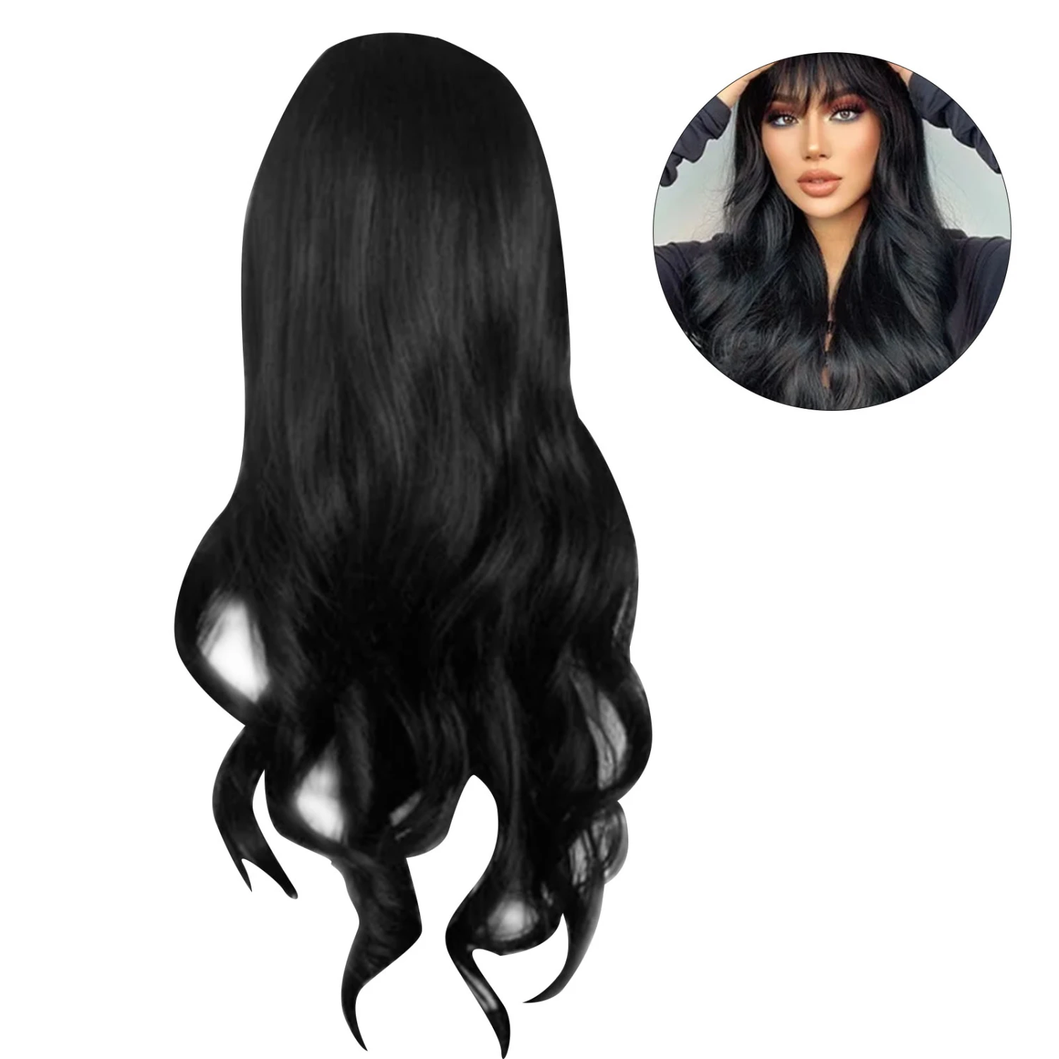 Long Curly Wavy Wig with Bangs Women Fashionable Synthetic Heat Resistant Black Wig for Daily Life
