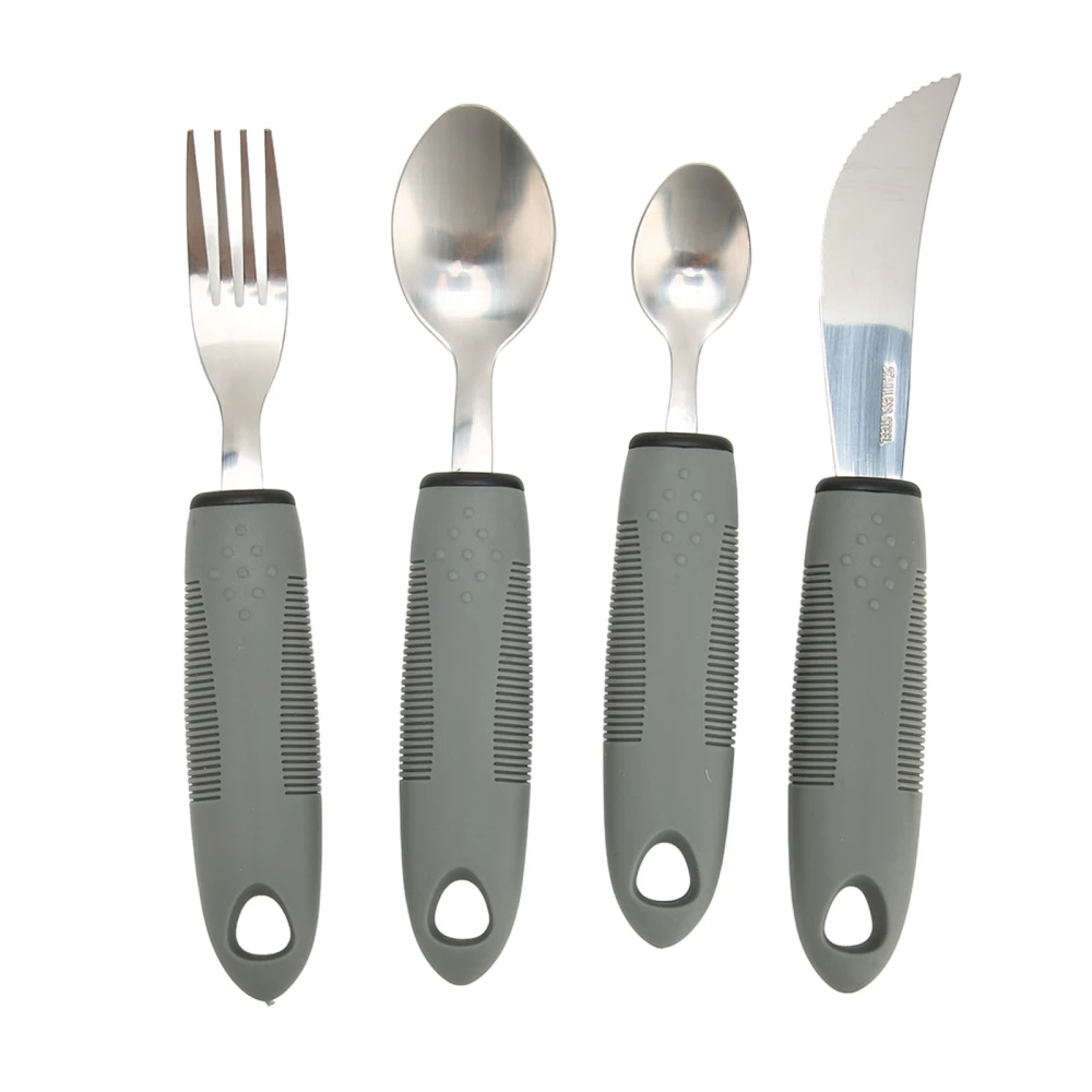 4pcs Adaptive Utensils Knife Fork Spoons Weighted Wide Handles Grey Easy Grip Elderly Utensils