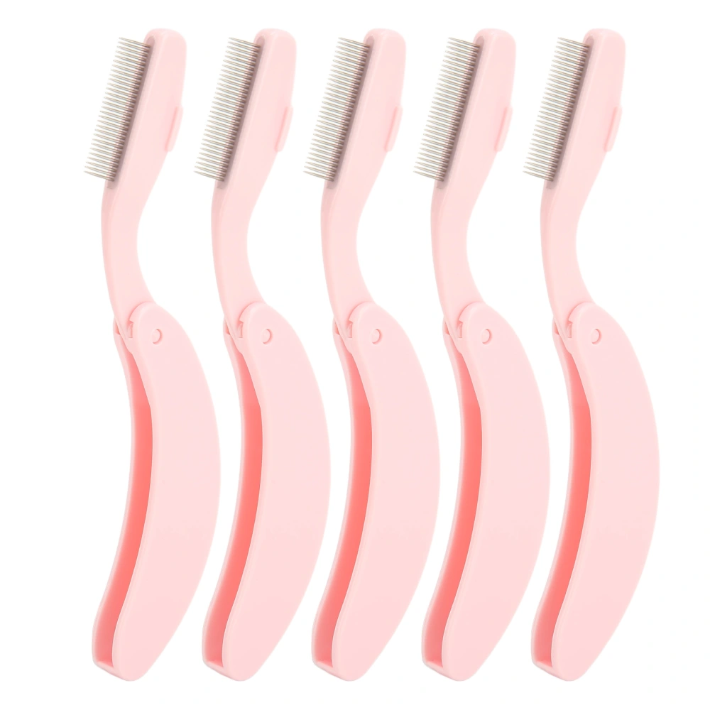 5pcs Curve Handle Lash Comb Stainless Steel Folding Eyelash Teeth Comb Tool for Makeup Pink