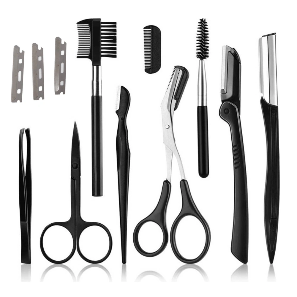 12Pcs Eyebrow Trimmer Kit Stainless ABS Portable Professional Eyebrows Trimming Tool Black