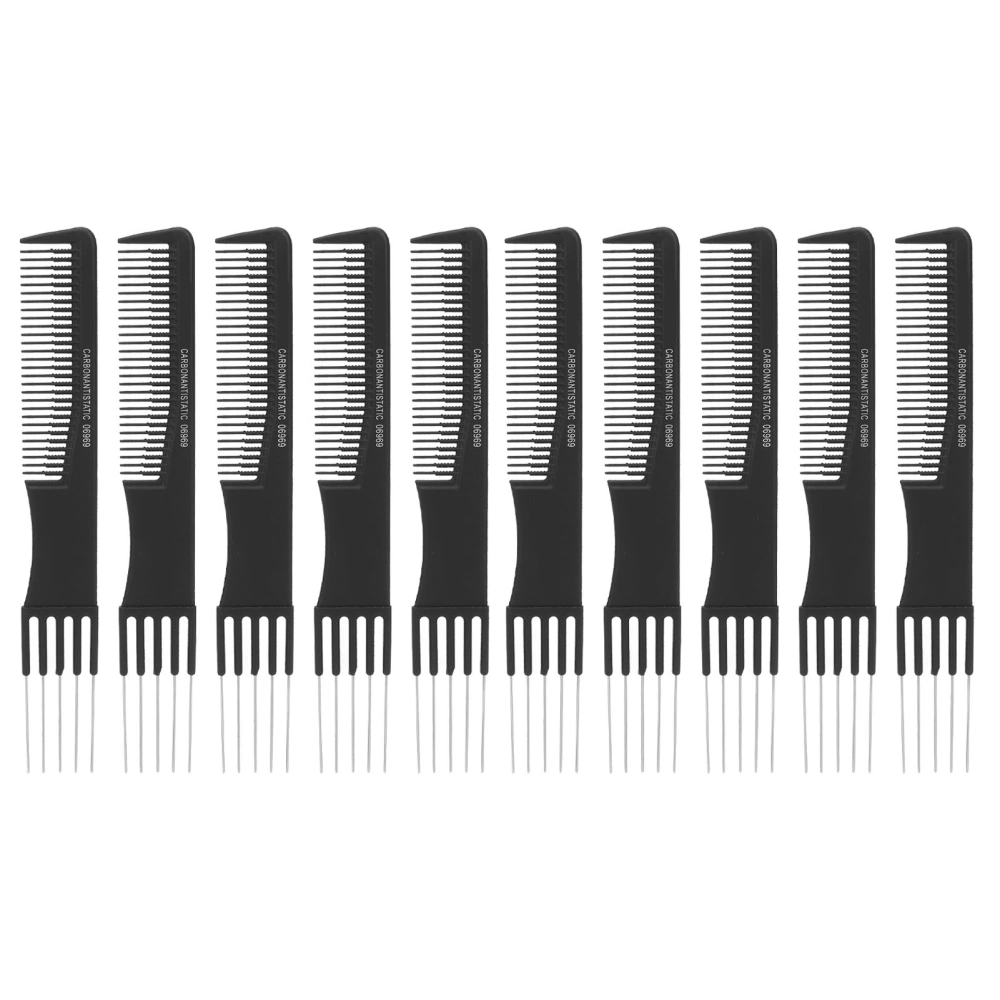 10pcs Carbon Lift Teasing Combs with Metal Prong Salon Teasing Back Combs Hairdressing Tools Black