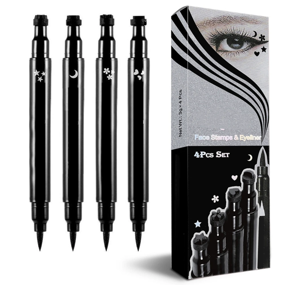 4pcs Liquid Eyeliner Pen Double Headed Waterproof Patterns Stamping Eye Makeup Tool Set Black