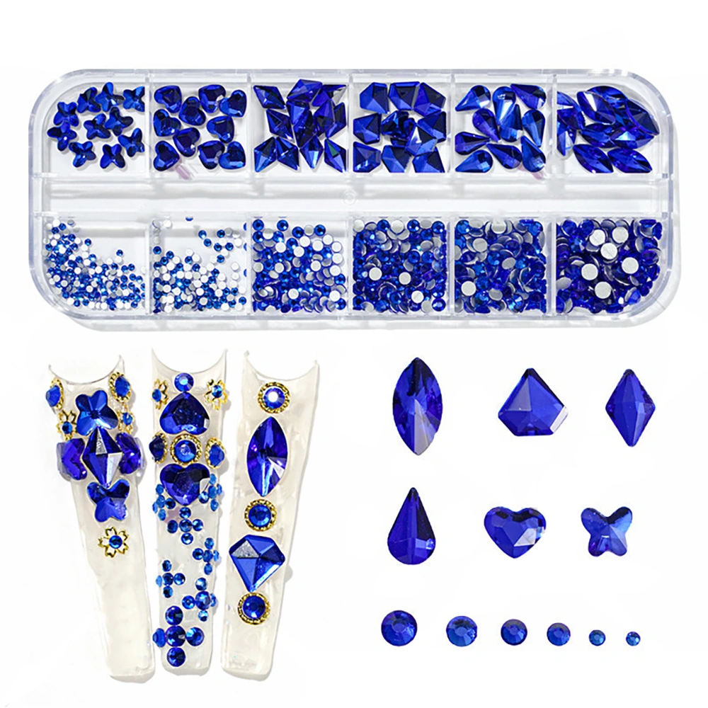 Nail Art Decorations Set 12 Grids Different Shapes Flat Bottom Manicure Decorative Ornaments for Nail Salon Rhinestone Blue