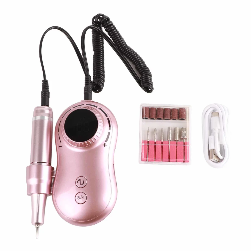 Nail Drill Machine 35000RPM LCD Display USB Rechargeable Electric Nail Polishing Machine with 6 Bits Pink