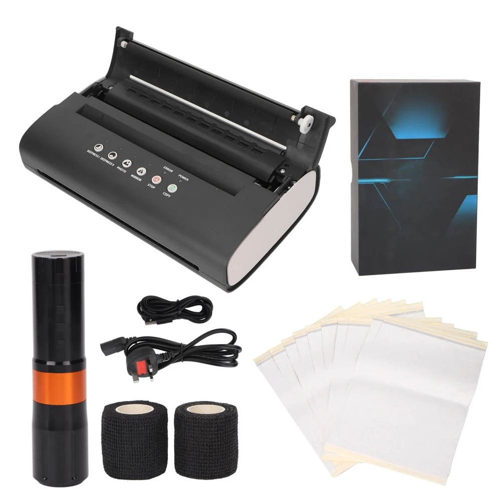 Thermal Tattoo Transfer Machine Set Portable Professional Wireless Tattoo Pen Machine Kit Orange 100‑240V UK Plug