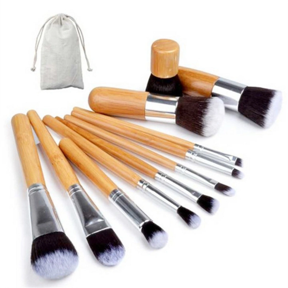 11pcs Makeup Brushes Bamboo Handle Aluminum Tube Nylon Wool Portable Storage Bag Professional Cosmetic Brushes