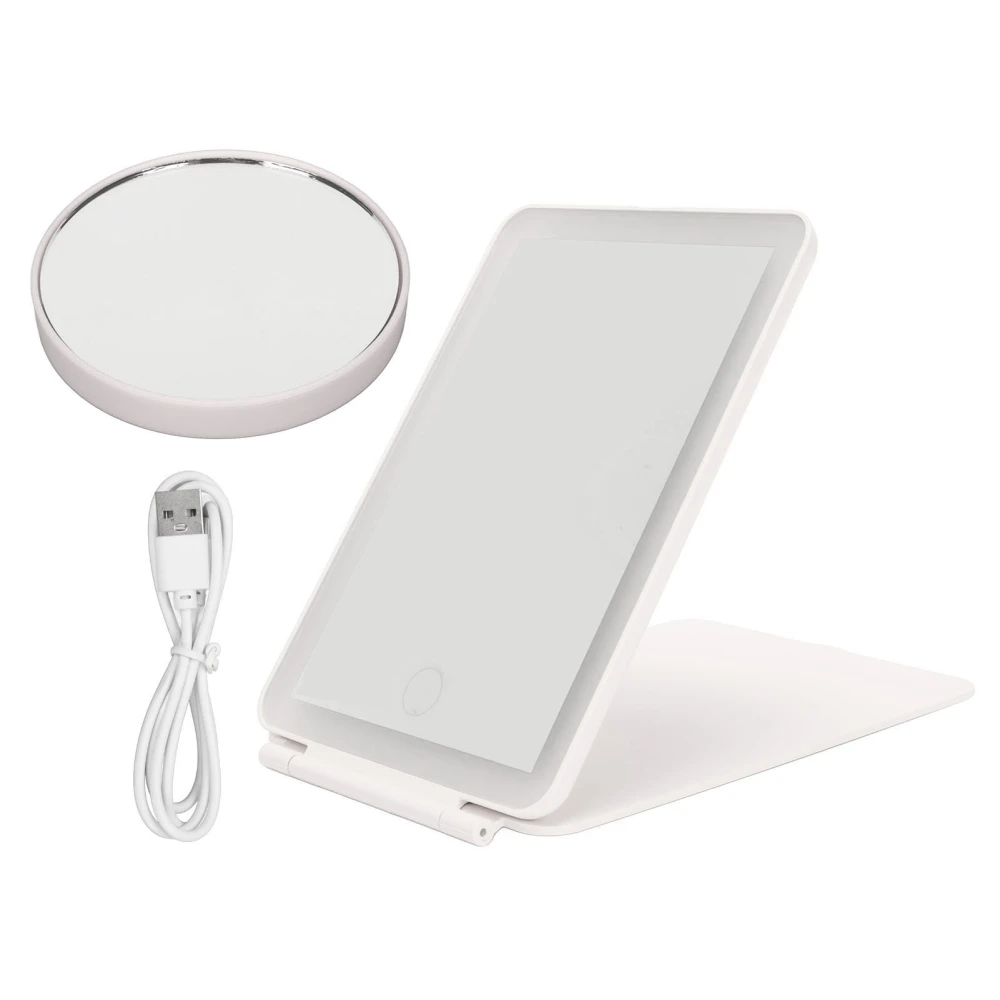 LED Light Mirror 3 Colors Light Modes Rechargable Portable Folding Travel Mirror for Women White