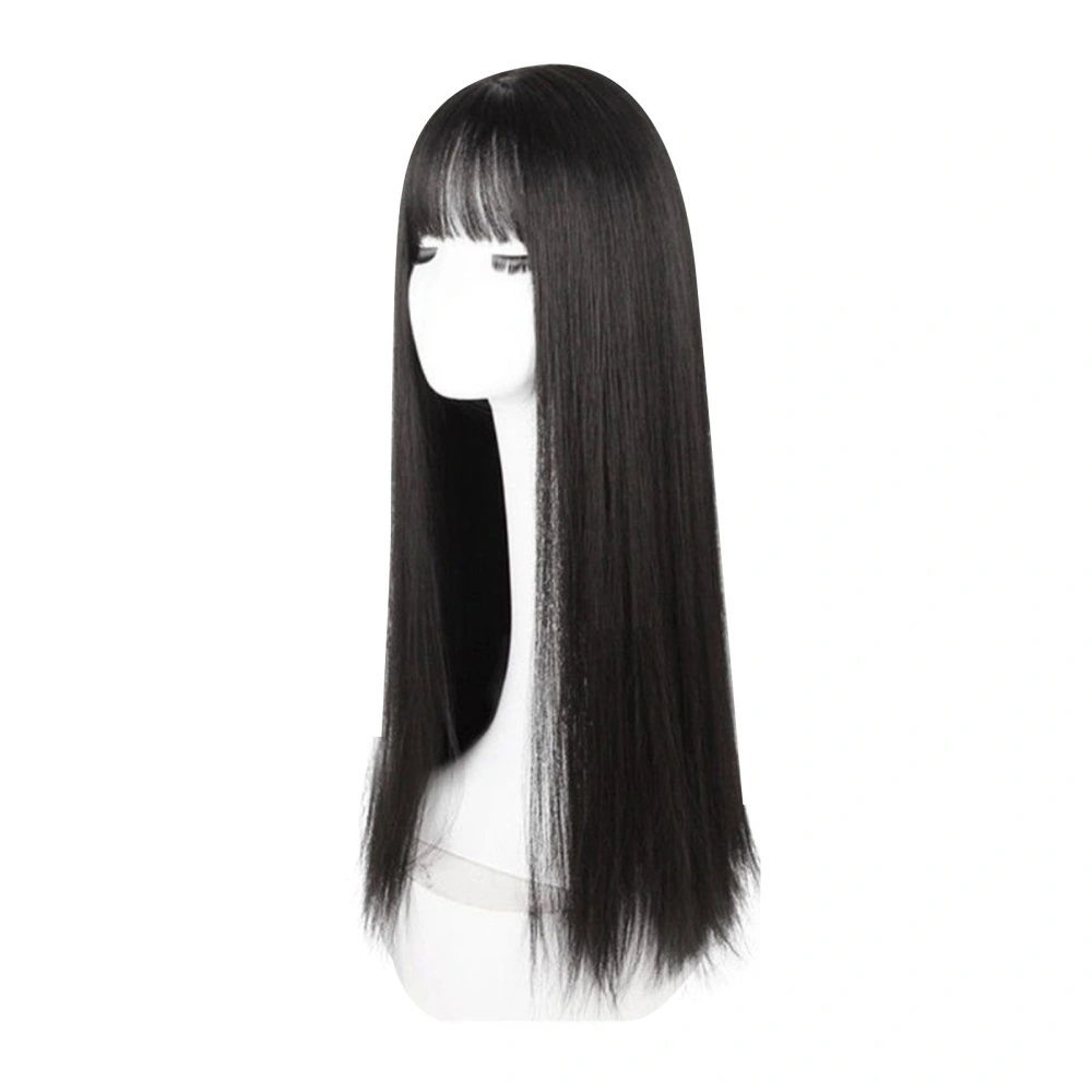 Long Black Straight Wig with Bangs Women Heat Resistant Fashionable Elegant Synthetic Wig 28.3 Inch