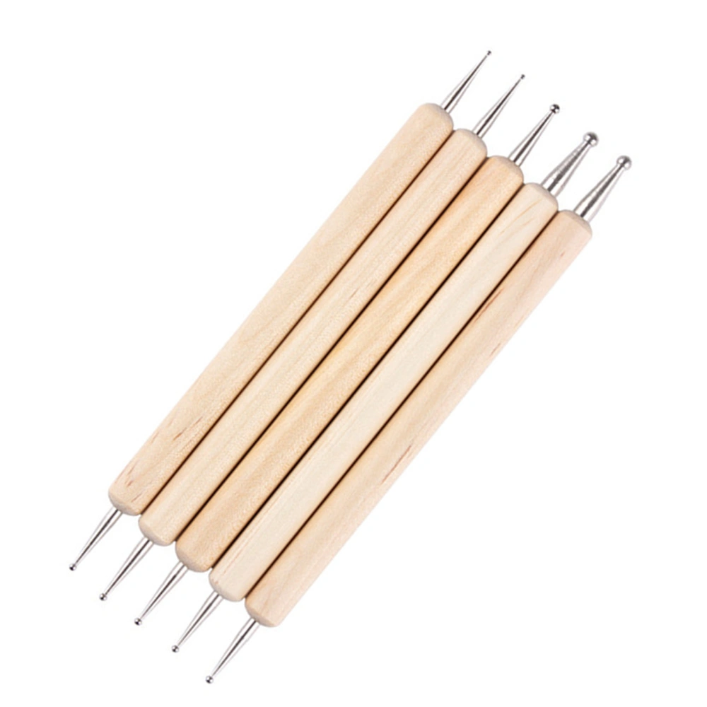 5pcs Nail Art Rhinestone Point Drill Pen Double Head Steel DIY Nail Art Painting Accessories Wood Handle