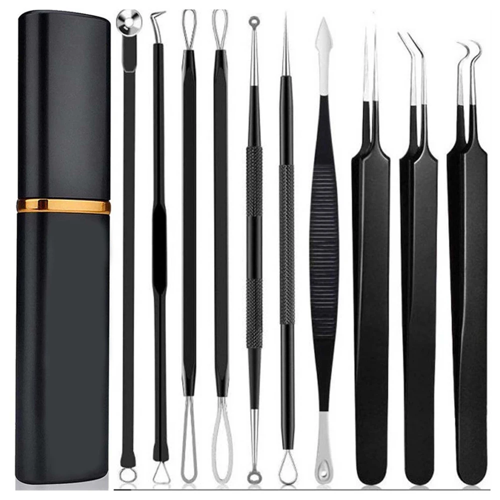 10pcs Pimples Needles Carbon Steel Portable Blackheads Removal Multifunctional Face Beauty Extractor with Aluminum Case Black