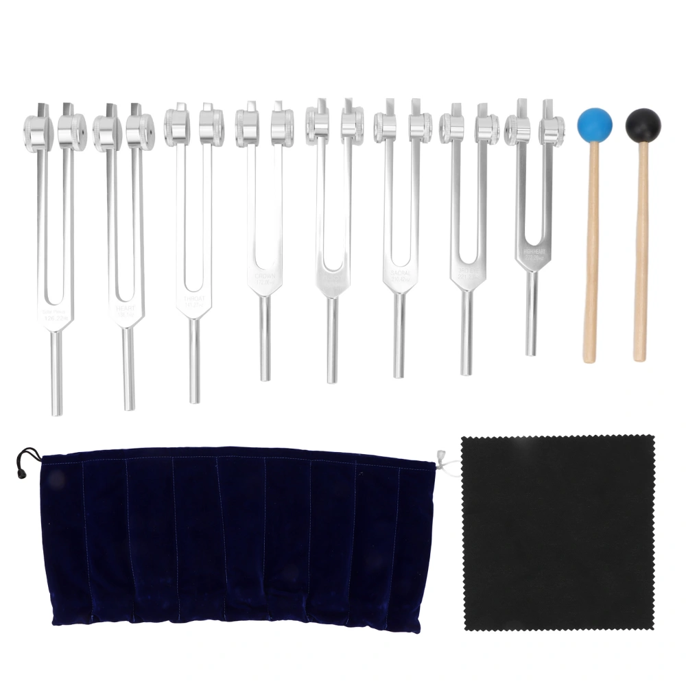 8pcs Tuning Fork Set Aluminum Alloy Tuning Fork 126.22Hz Sound Healing Tool with Hammer Cleaning Cloth Silver