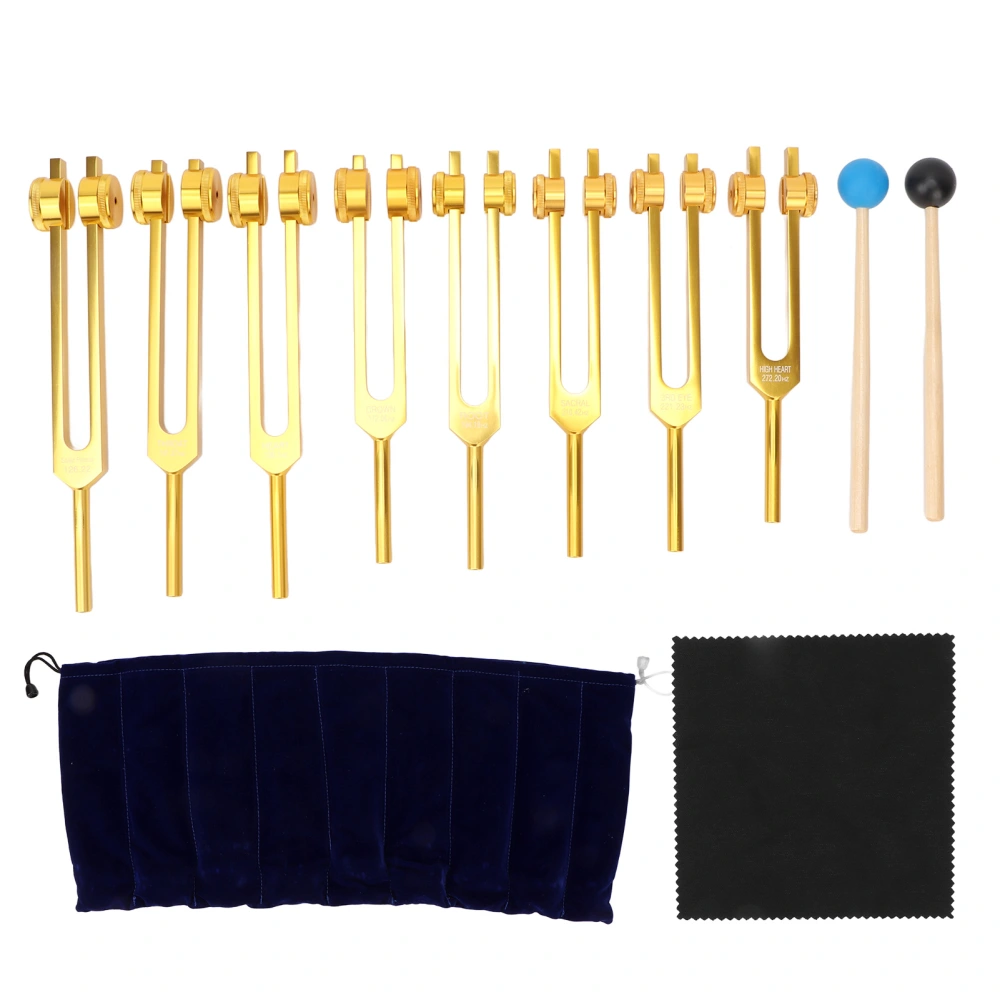 8pcs Tuning Fork Set Aluminum Alloy Tuning Fork 126.22Hz Sound Healing Tool with Hammer Cleaning Cloth Gold