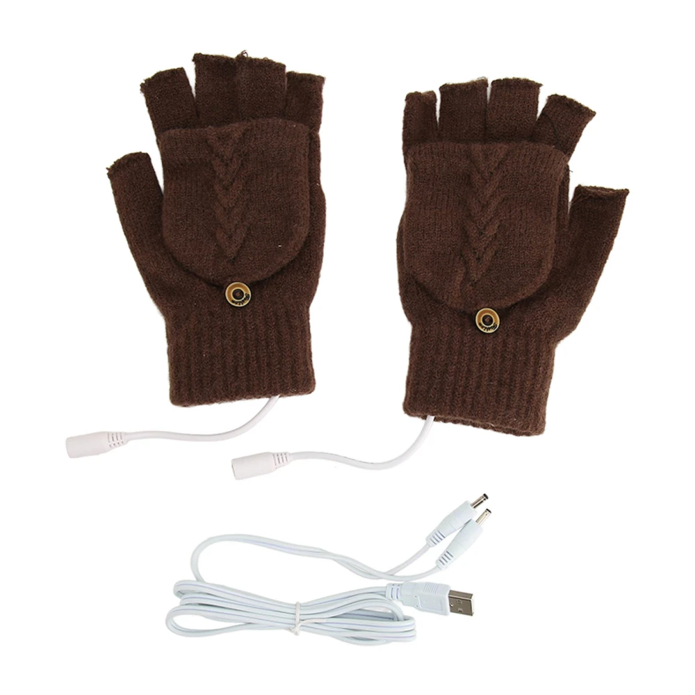 USB Heated Gloves Full Half Fold Back Warm Heated Winter Knitted Fingerless Gloves for Home Office Brown