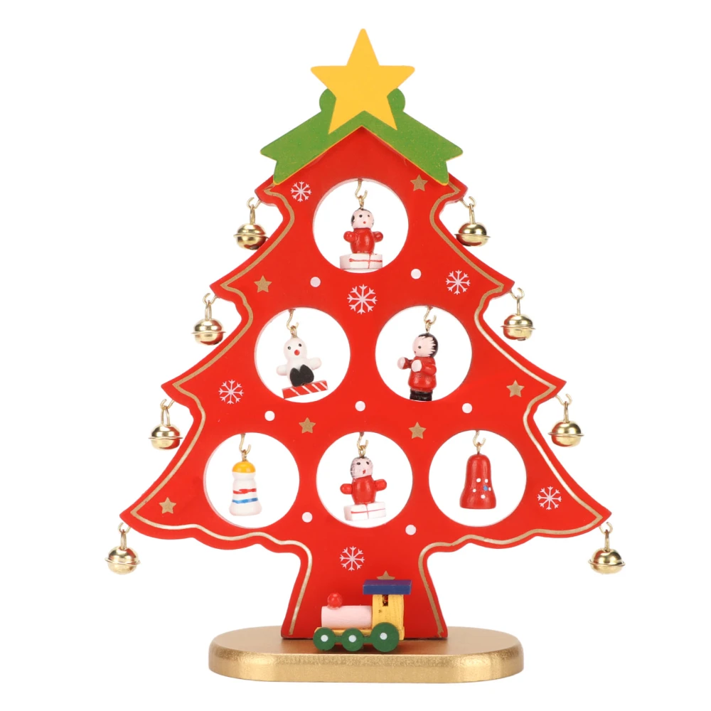 Wooden Christmas Tree Desktop Ornament Shatterproof Safe Eco Friendly Wooden Christmas Tree with 8 Bells 7 Pendant Red