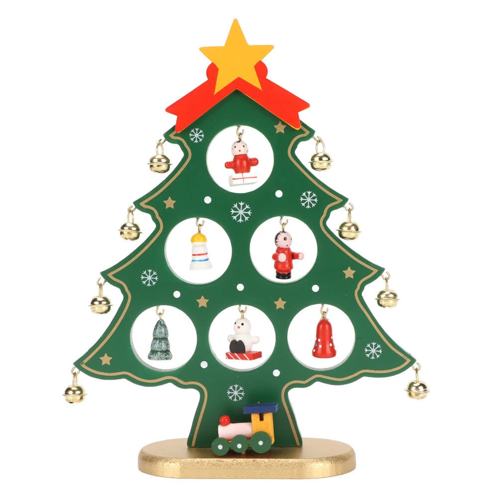 Wooden Christmas Tree Desktop Ornament Shatterproof Safe Eco Friendly Wooden Christmas Tree with 8 Bells 7 Pendant Green