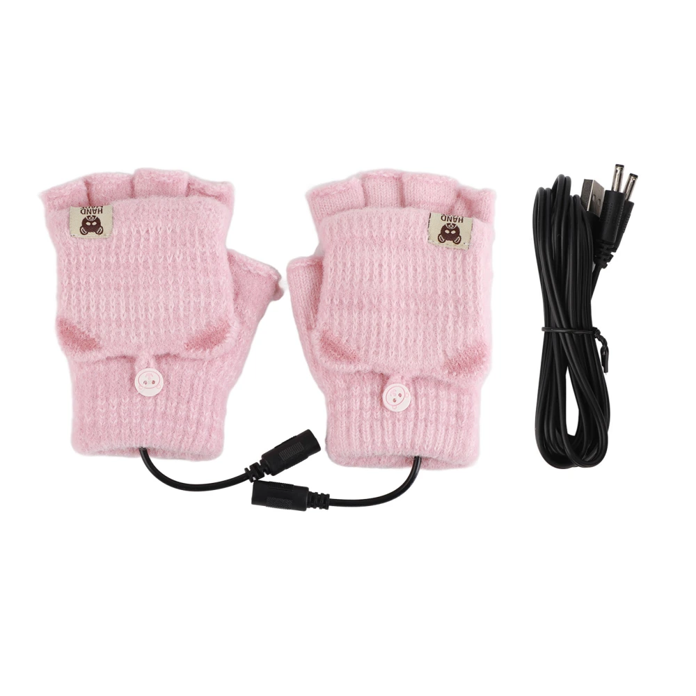 USB Heated Gloves Mitten Men Women Winter Knitted Fingerless Hand Warmer Heating Gloves for Office Work Pink