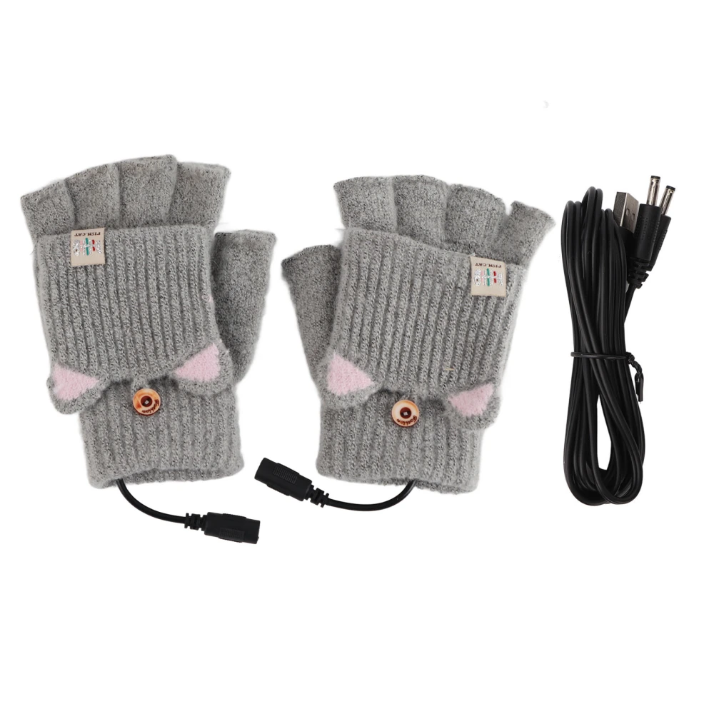 USB Heated Gloves Mitten Men Women Winter Knitted Fingerless Hand Warmer Heating Gloves for Office Work Gray