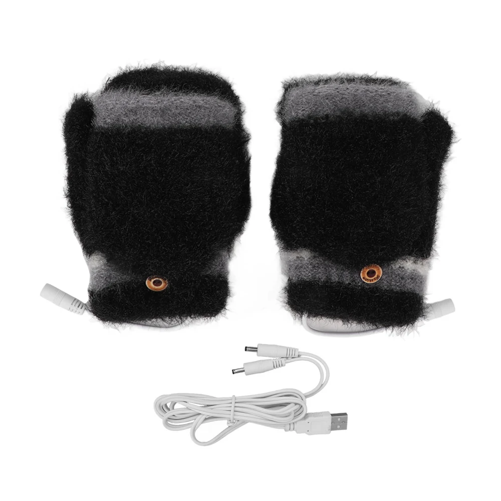 Electric USB Heated Gloves Double Side Heating Keep Warm Fingerless Hands Gloves Mitten with Cover Black