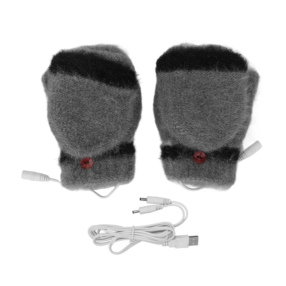 Electric USB Heated Gloves Double Side Heating Keep Warm Fingerless Hands Gloves Mitten with Cover Grey