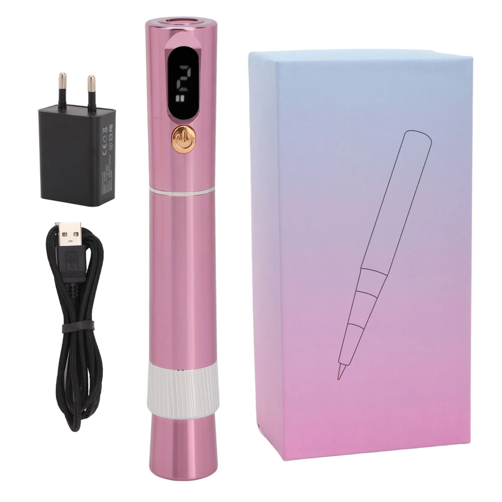 Eyebrow Eyeliner Lip Tattoo Machine 600mAh Battery Coreless Motor Wireless Rechargeable Microblading Machine 100‑240V Pink EU Plug