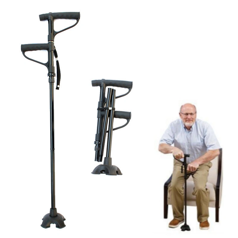 Walking Stick 2 Handle 4 Support Foots Aluminum Alloy Folding Walking Cane with Light