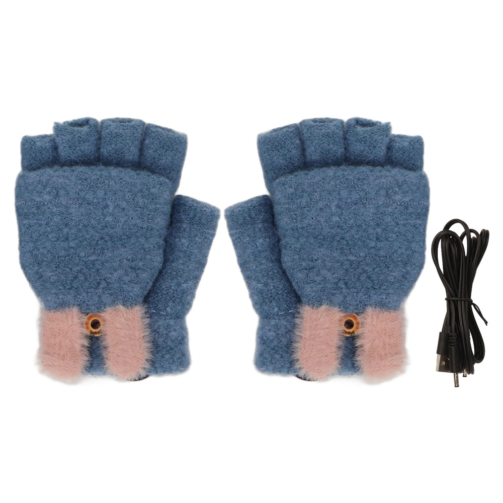 5V Heating Mittens USB Power Supply with Folding Finger Cover Cute Knit Electric Heated Gloves for Winter Riding Blue