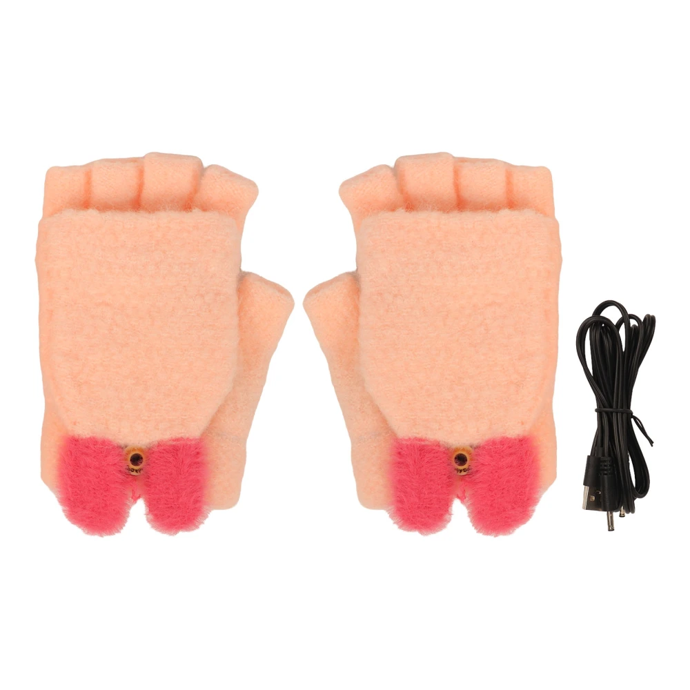 5V Heating Mittens USB Power Supply with Folding Finger Cover Cute Knit Electric Heated Gloves for Winter Riding Pink