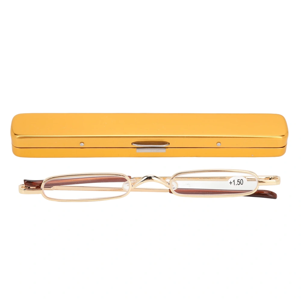 Slim Reading Glasses Small Portable Stainless Steel Metal HD Mini Reading Glasses for with Case Elderly Men Women Gold +150