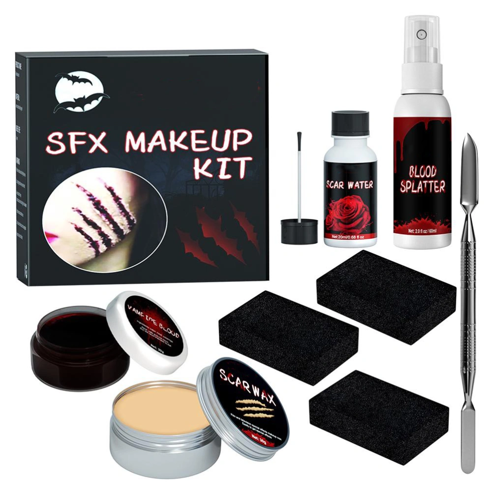 Halloween Special Effects SFX Makeup Kit for Zombie Vampire Skin Wax Fake Blood Gel Scar Water Fake Blood Spray Sponge Silver Scraper for Halloween Cosplay