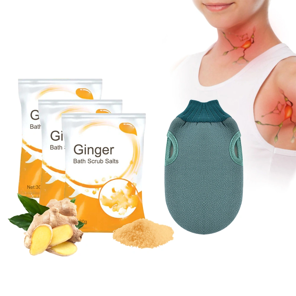 3 Pack Ginger Bath Salt Ginger Lymph Bath Salts Anti Swelling Bath Salt Exfoliation Scrubber with Bath Glove Health Care