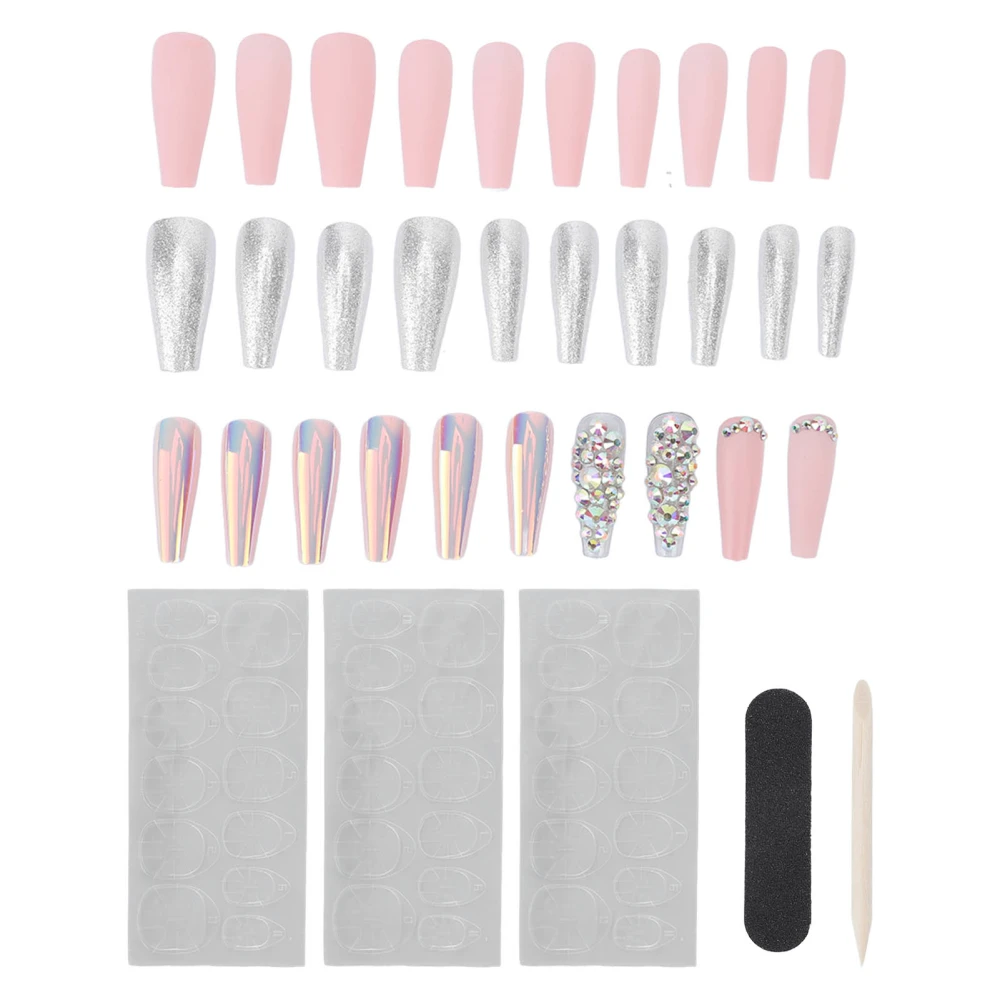 30pcs Long False Nail Women Girls Unique Shiny Delicate Rhinestone Fake Nails Set for Dating Party 10