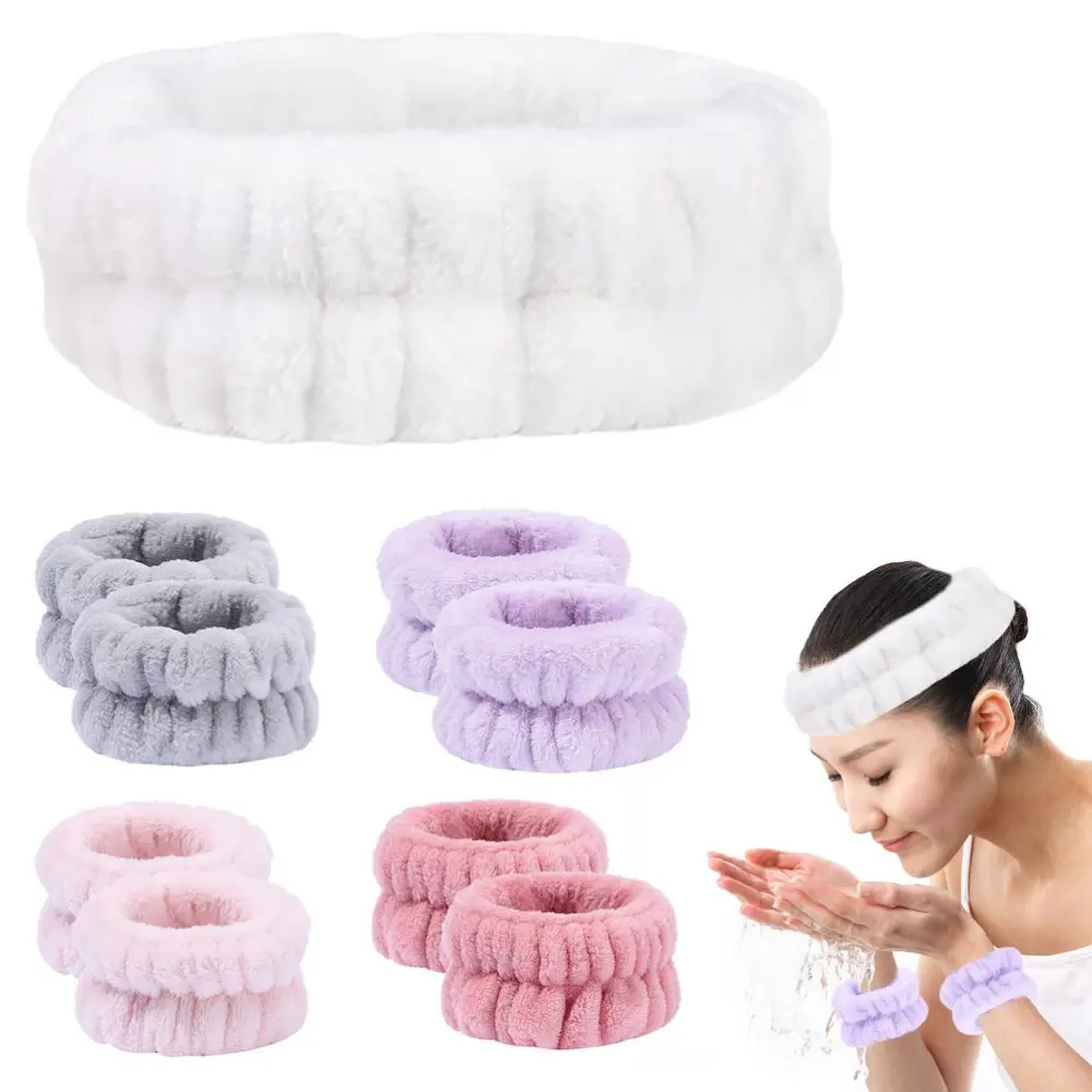 Makeup Headband Wrist Washband Set for Women Girls Microfiber Flannel Shower Hair Headband Wristbands for Washing Spa Yoga Sports