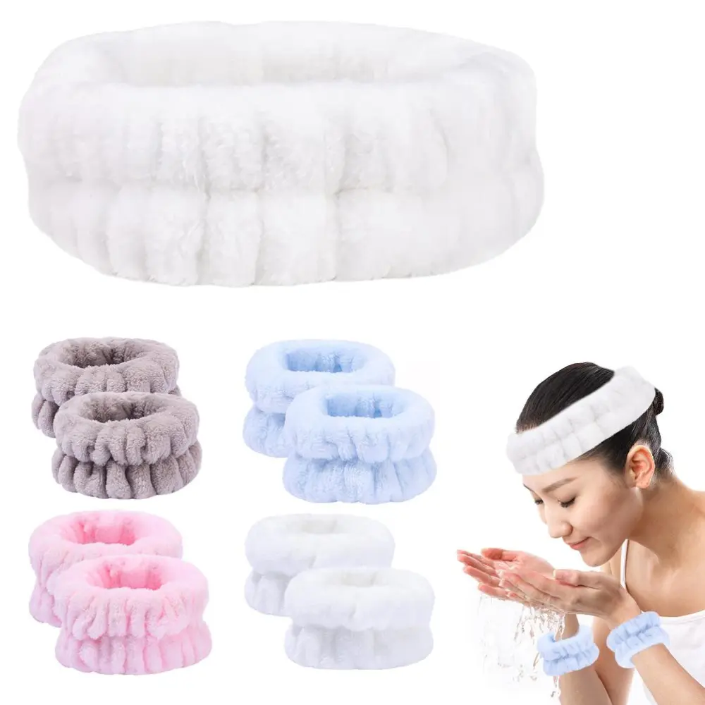 Makeup Headband Wrist Washband Set for Women Girls Microfiber Flannel Shower Hair Headband Wristbands for Washing Spa Yoga Sports