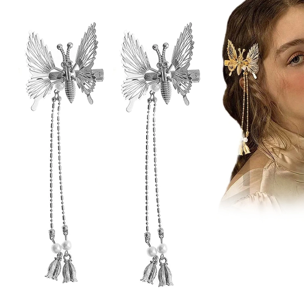 2Pcs Elegant Tassel Butterfly Hairpin Moving Flying Butterfly Antique Side Clip Metal Tassel Long Hair Clip for Women Girls