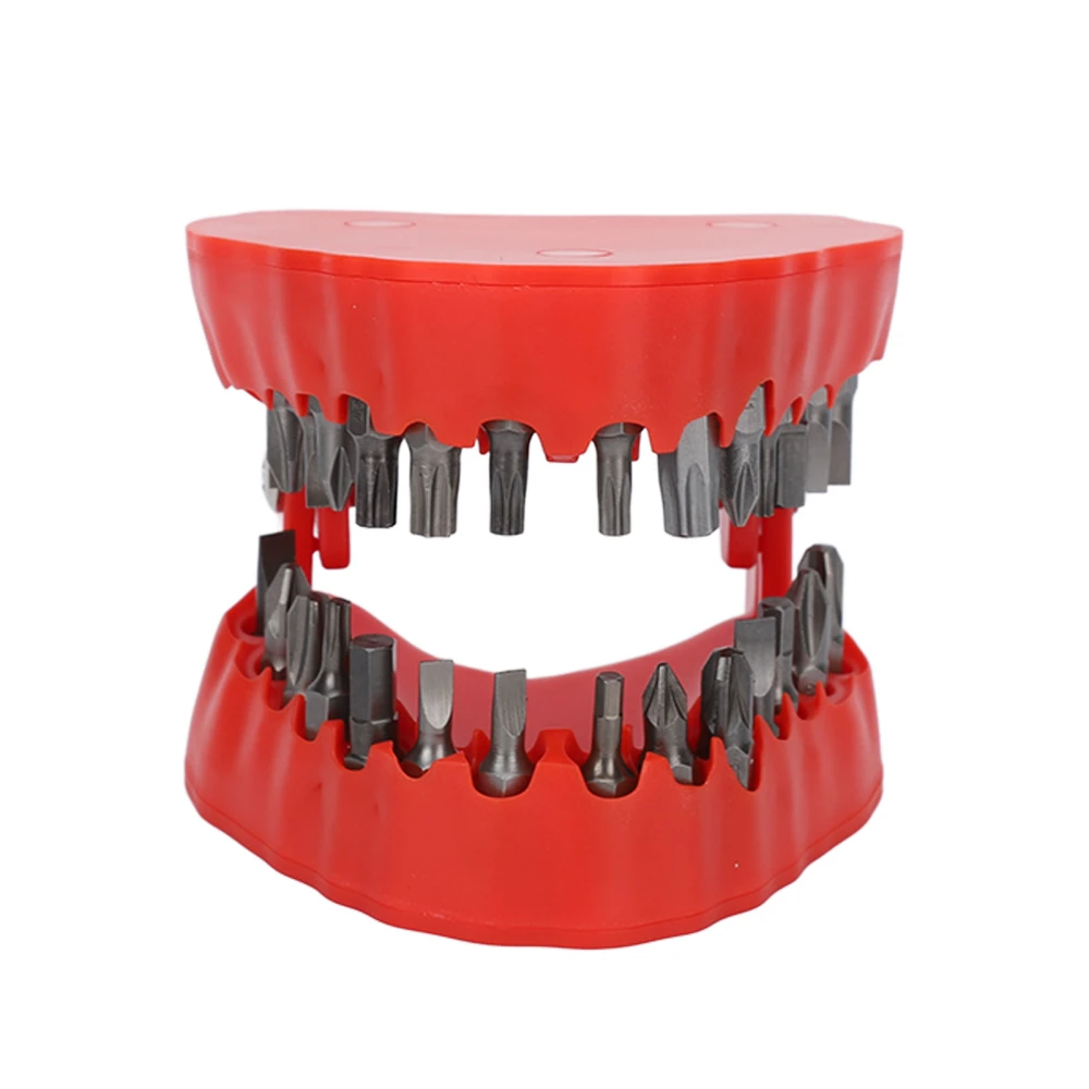 Denture Drill Bit Holder Teeth Model Shaped Full Opening Screwdriver Bit Organizing Holder with 28 Drill Bits Red