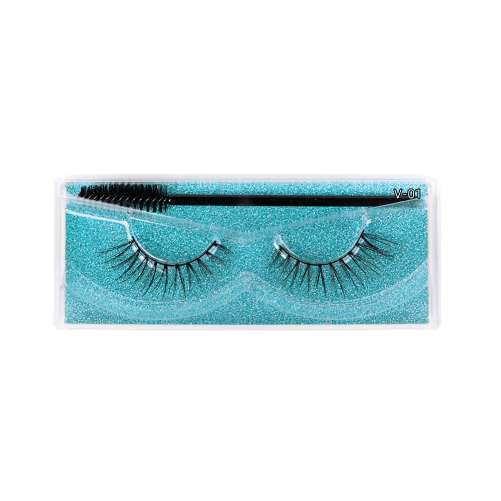 1 Pair False Eyelash Fiber 3D Comfortable Strip Lash with Eyelash Brush for Everyday Stage Party Makeup V01