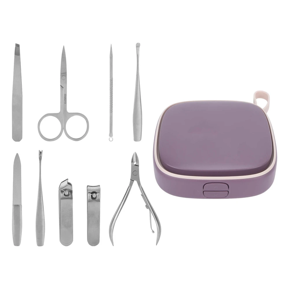 9pcs Double Layer Manicure Set Stainless Steel Multifunction Nail Clippers Pedicure Set ( Purple)