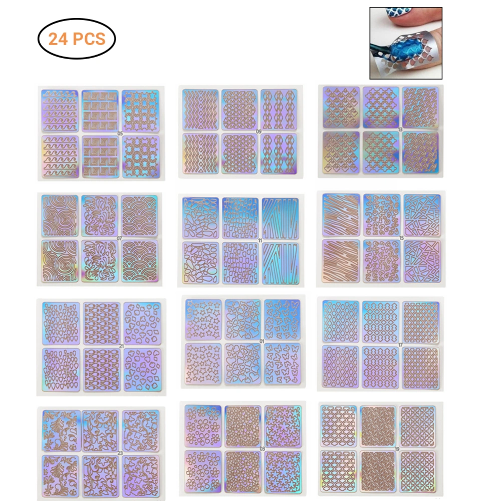 24 Sheets DIY Nails Stamping Template Nail Stickers Irregular Grid Stencil Reusable Nail Art Vinyls Hollow Stickers