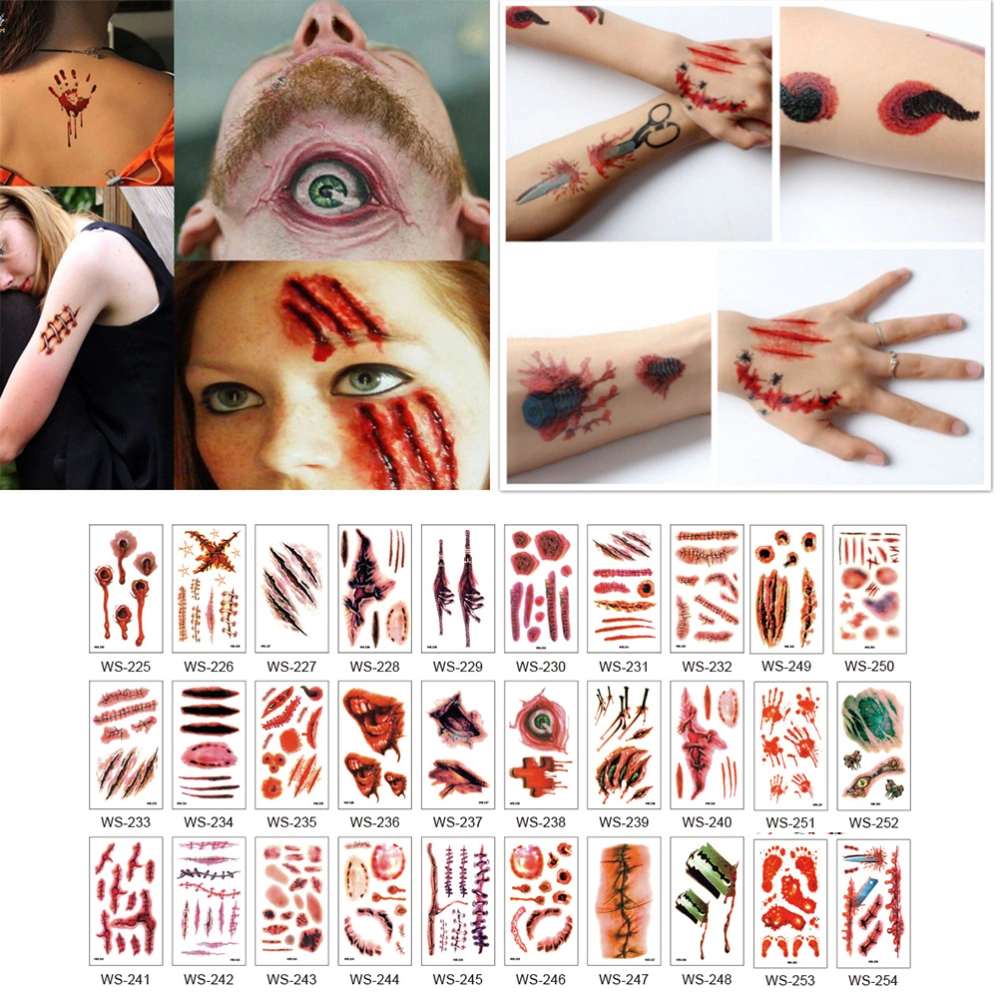 Temporary Scar Tattoos Stickers Realistic Bloody Wound Scab Horror Body Face Decals Prank Props for Halloween Cosplay