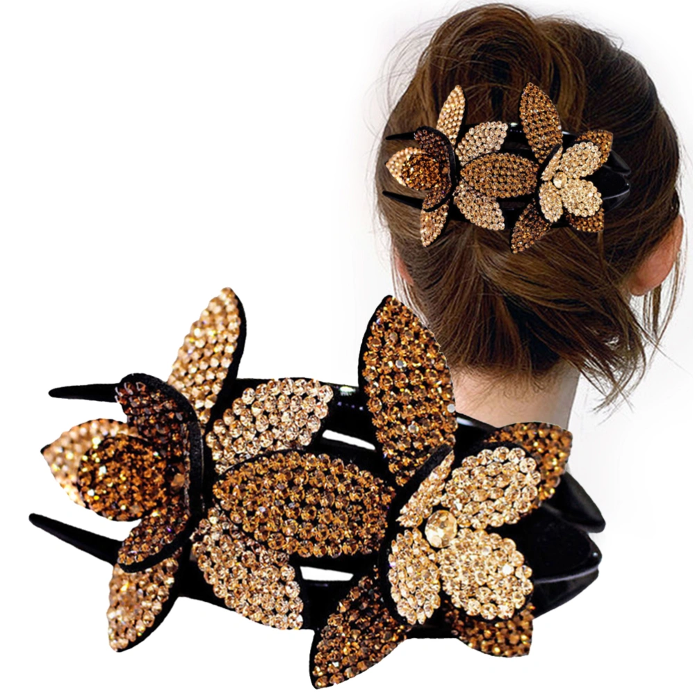 Rhinestone Duckbill Hair Claw Clip Sparkling Double Flower Hair Styling Barrettes for Women Girls Champagne Coffee S