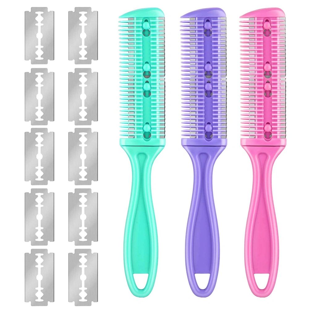 3Pcs Hair Razor Combs Double Side Hair Cutting Comb with 10Stainless Steel Blade