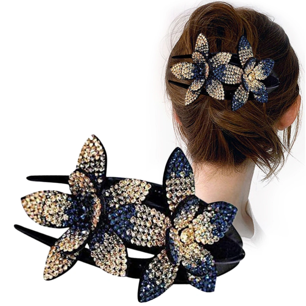 Rhinestone Duckbill Hair Claw Clip Sparkling Double Flower Hair Styling Barrettes for Women Girls Dark Blue Champagne L