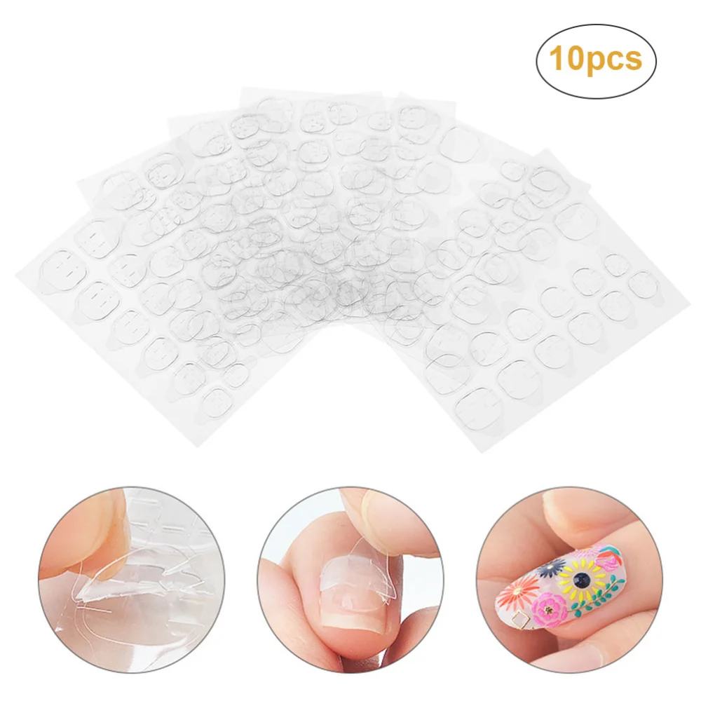 10 Sheets Double Sided Nail Stickers Nail Glue Jelly Gel Tape Adhesive Tabs Transparent Adhesive False Nails Tips for Manicure