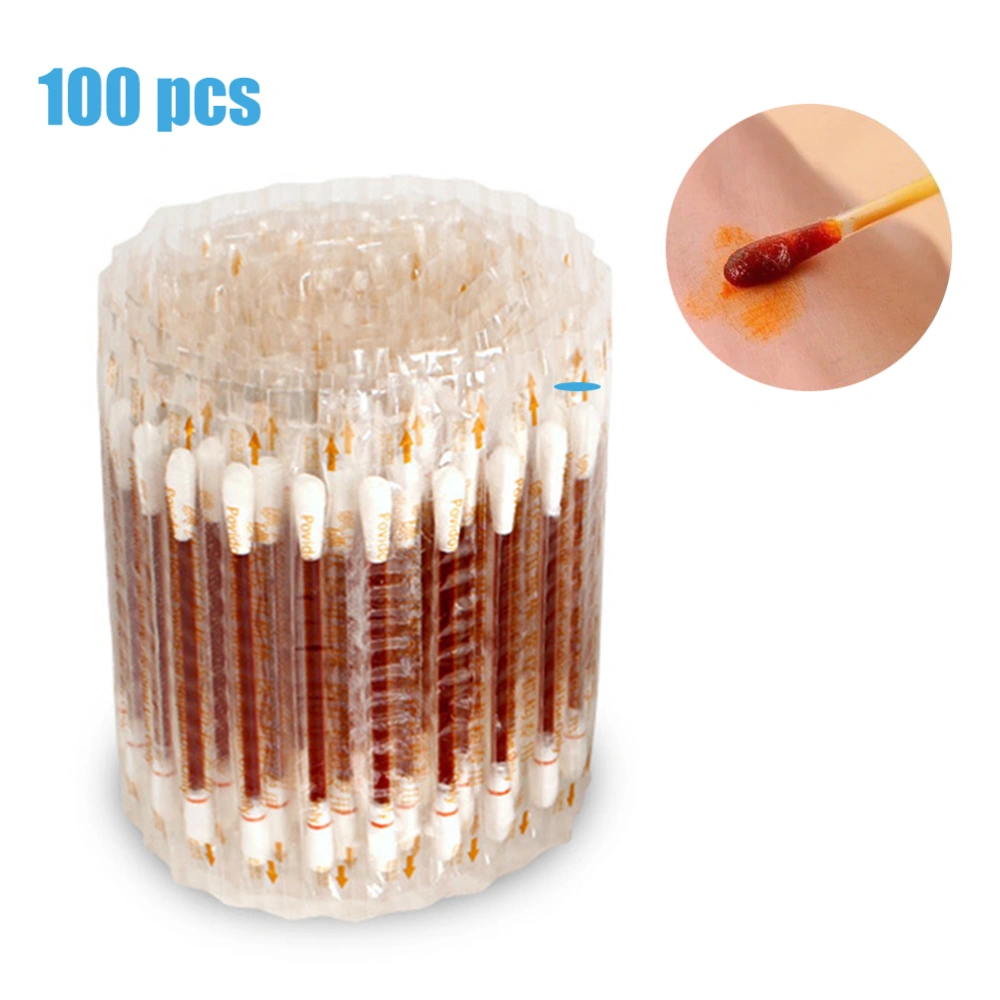 100Pcs Disposable Medical Iodine Cotton Stick Swab Home Emergency Double Head Wood Buds Tips